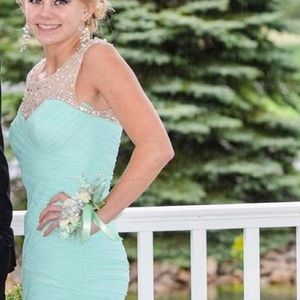 Light green mermaid, high neck prom dress with pearl sequins